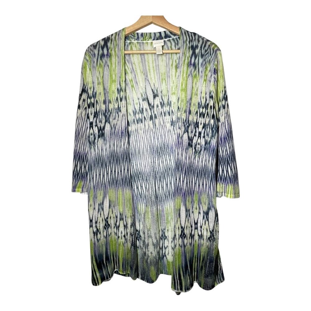 Chicos Open Cardigan Open Knit Blue Green Artsy Lightweight 2 = Large 3/4 Sleeve